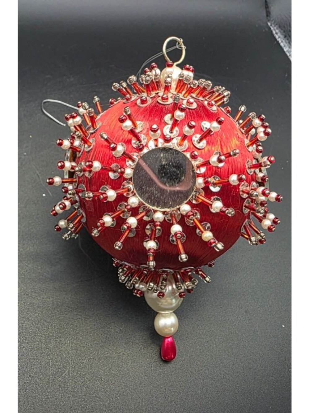 Vintage LeeWards Mirrored Brilliancy Red Satin Sequin Bead Christmas Ornament